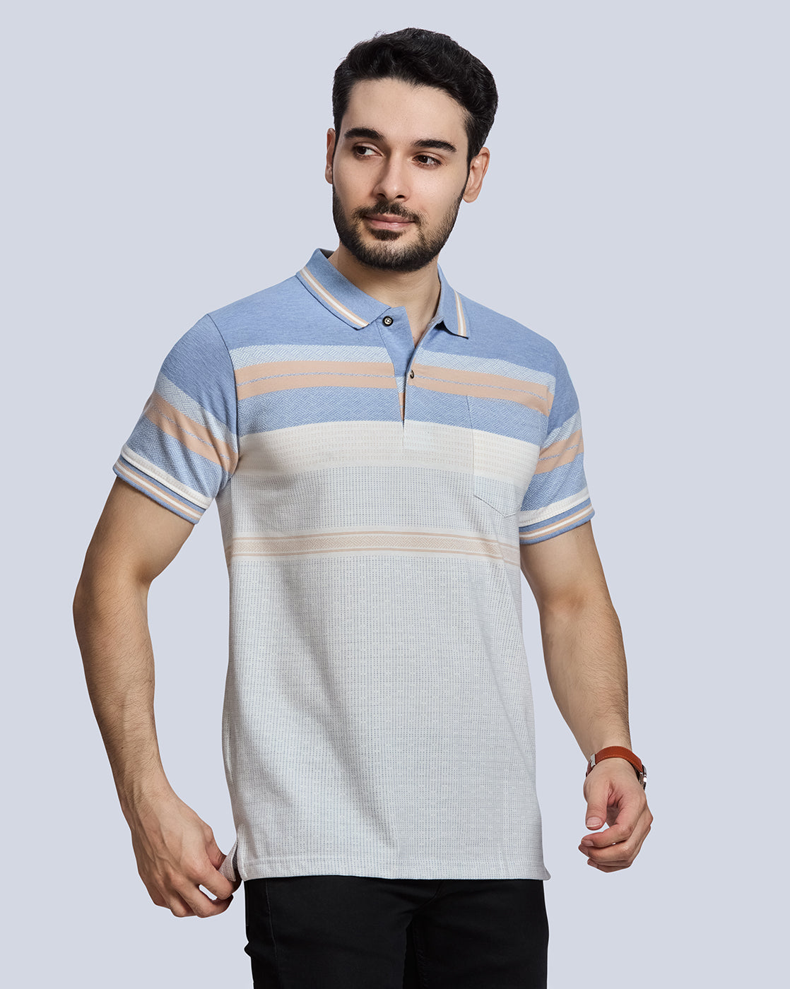 Sky Milange Striped Polo Neck T-Shirt