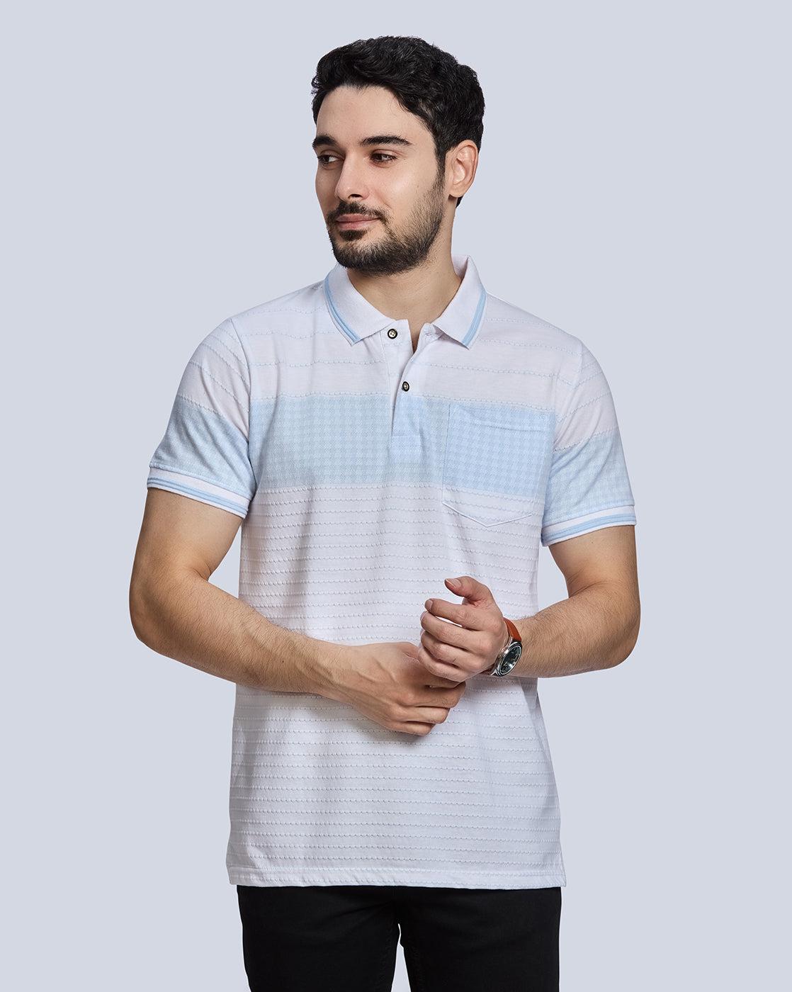 White with blue striped Polo Neck T-Shirt