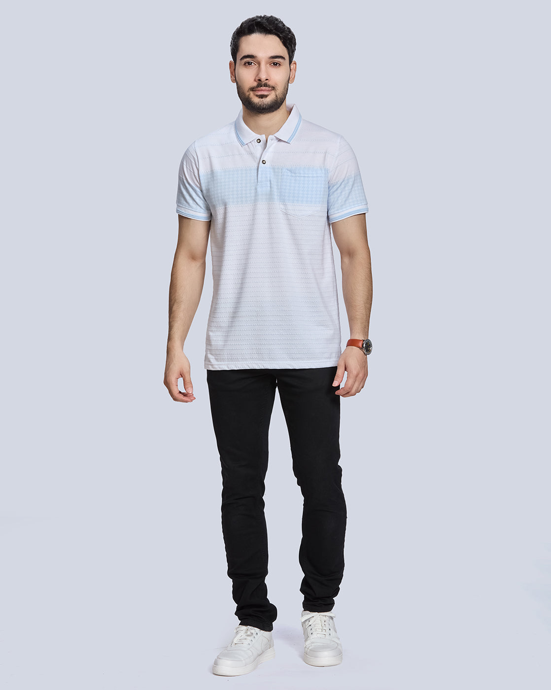 White with blue striped Polo Neck T-Shirt