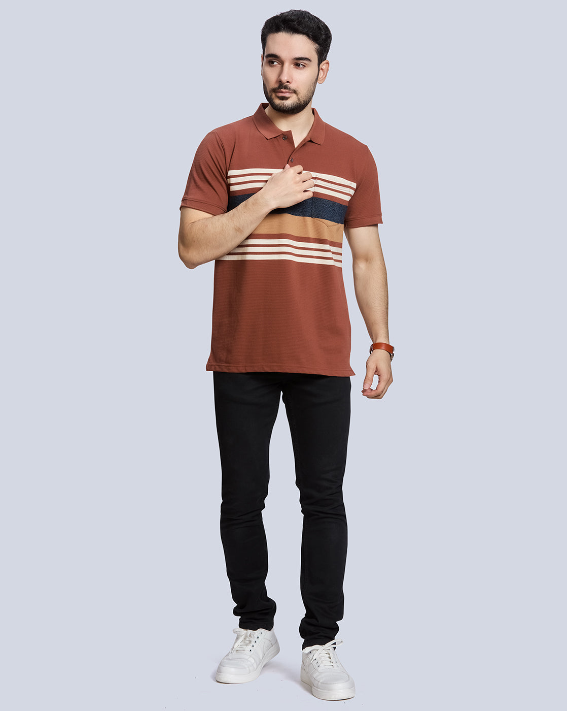 Rust Striped Polo Neck T-Shirt