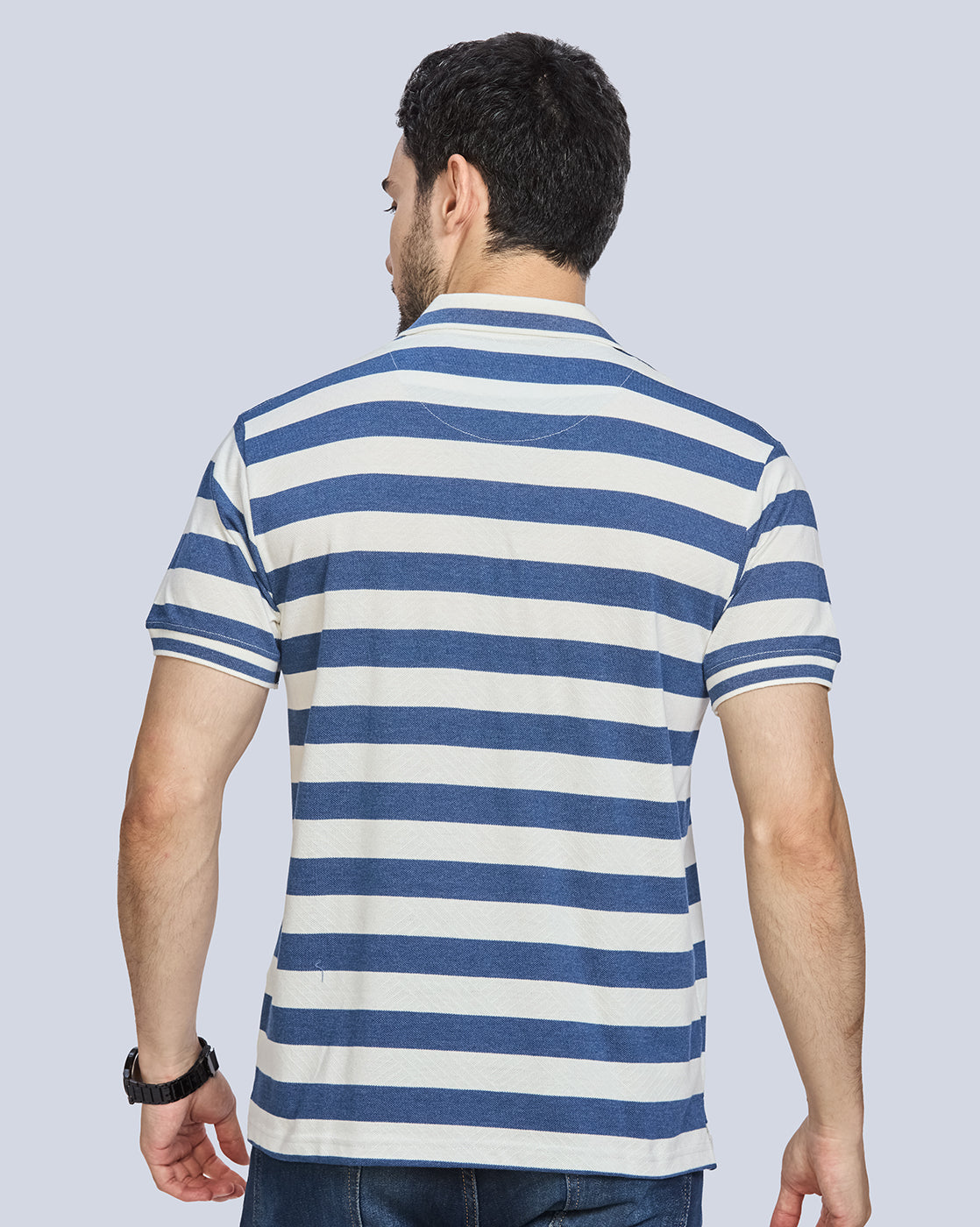Blue Milange Striped Polo Neck T-Shirt