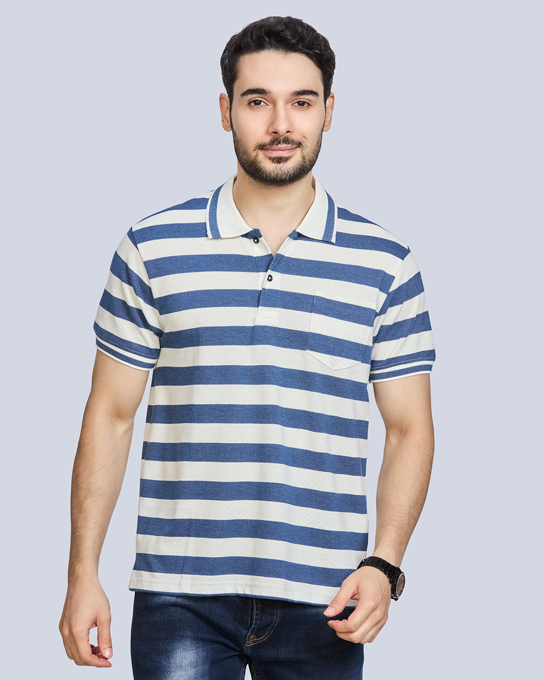 Blue Milange Striped Polo Neck T-Shirt