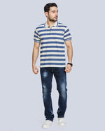 Blue Milange Striped Polo Neck T-Shirt