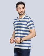 Blue Milange Striped Polo Neck T-Shirt