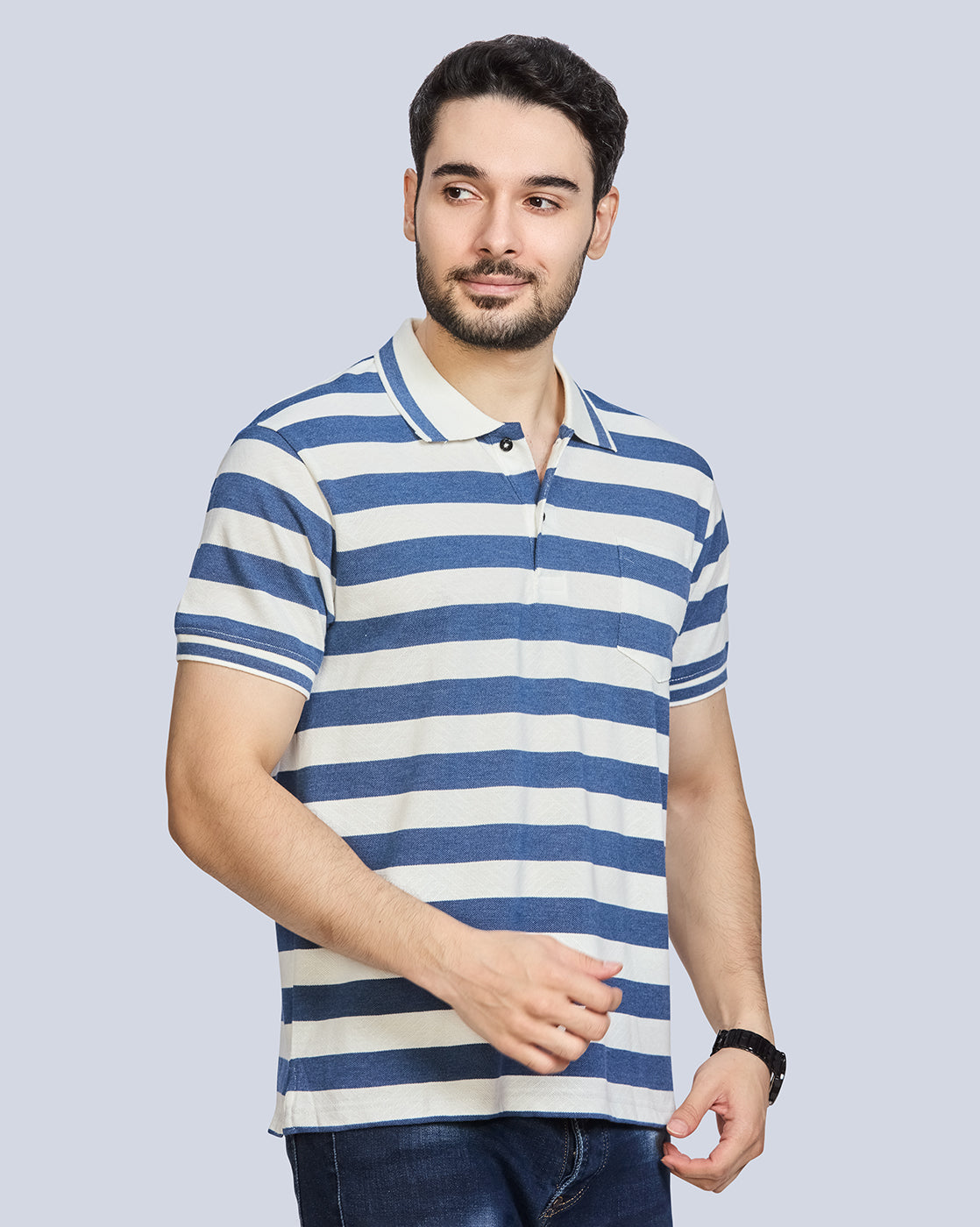 Blue Milange Striped Polo Neck T-Shirt