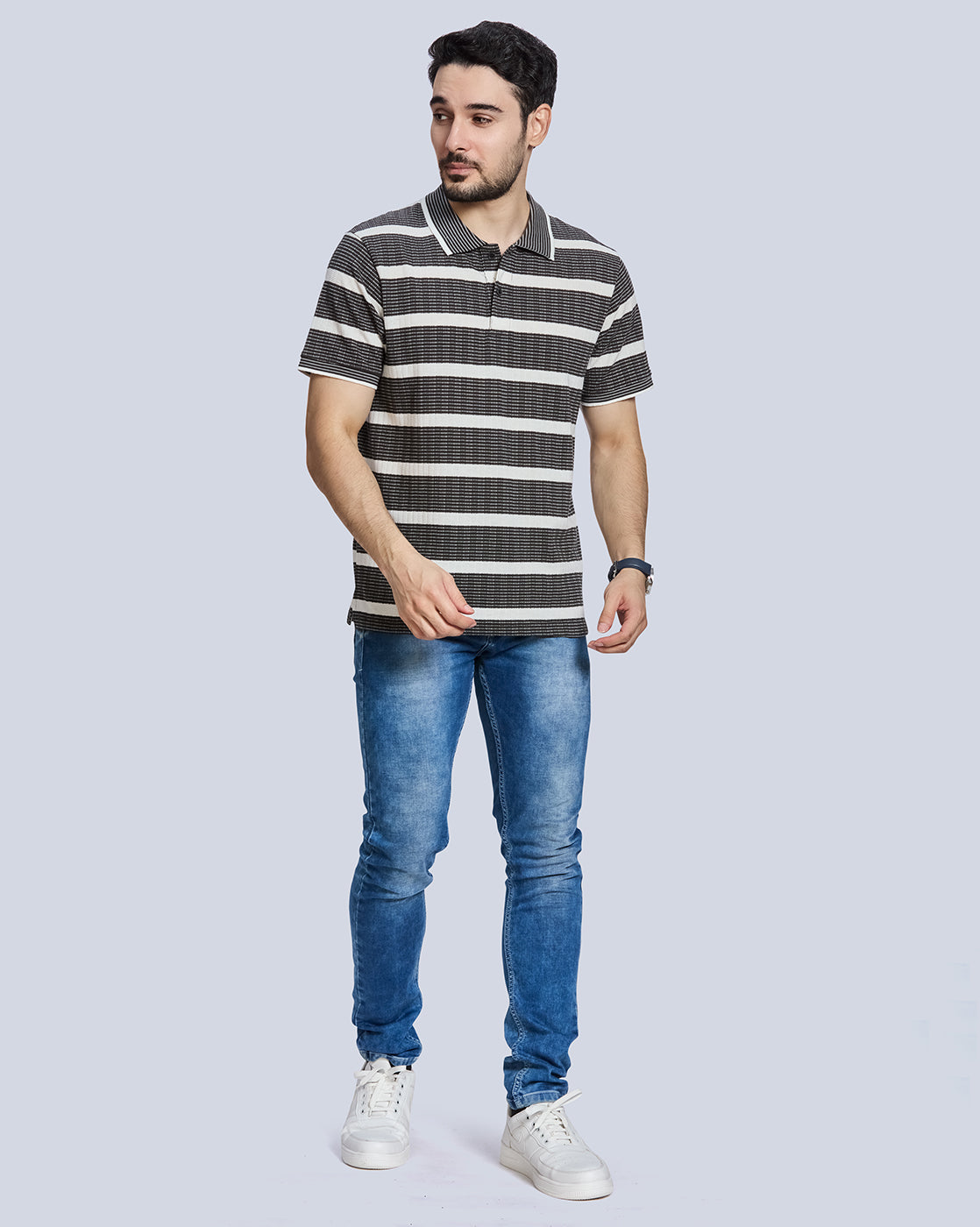 Charcoal Striped Polo Neck T-Shirt