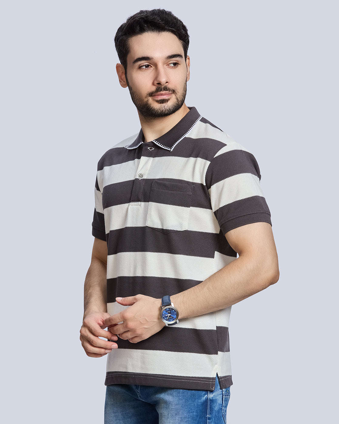 Dark Grey Strpied Polo Neck T-Shirt