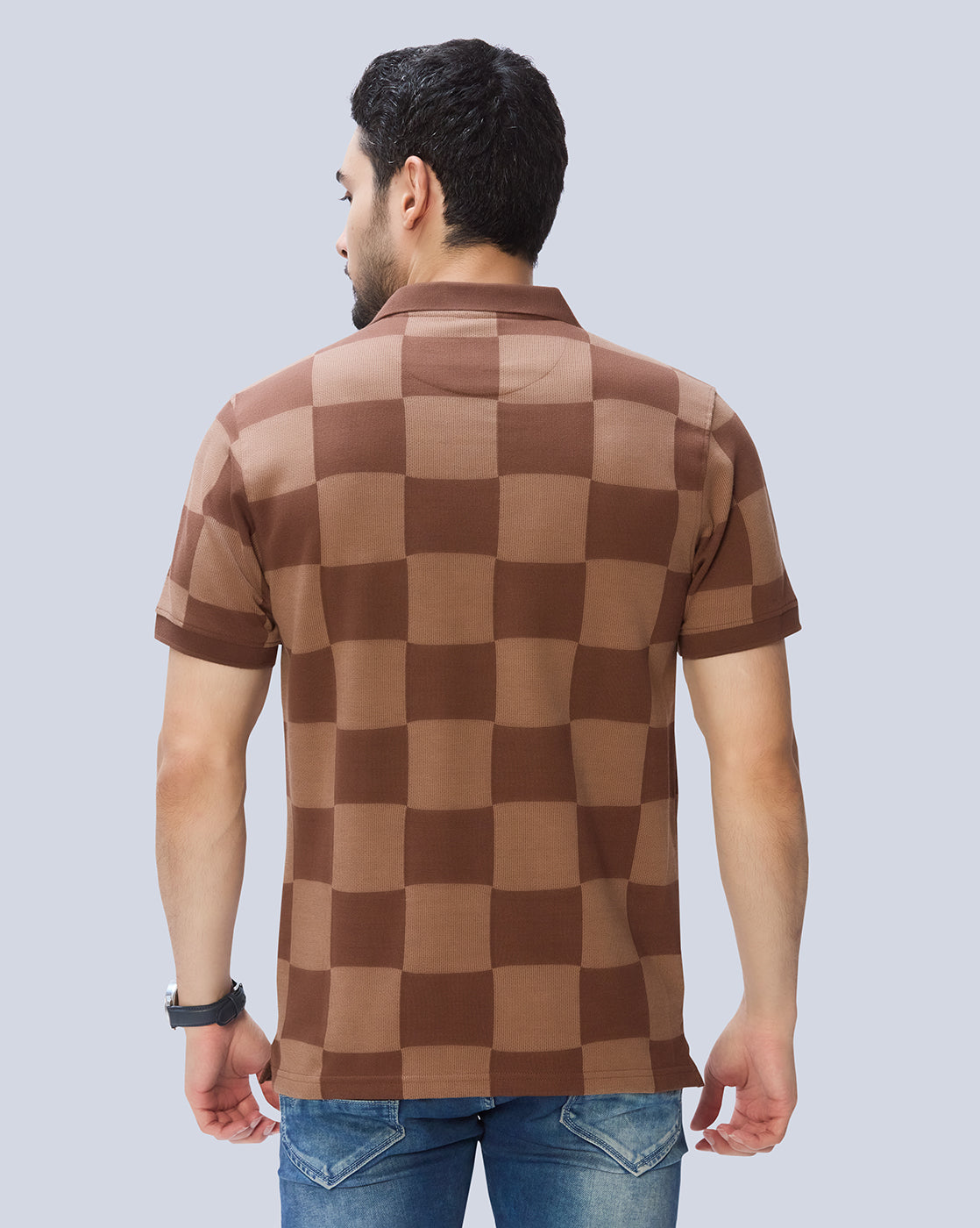 Brown Checked Polo Neck T-Shirt