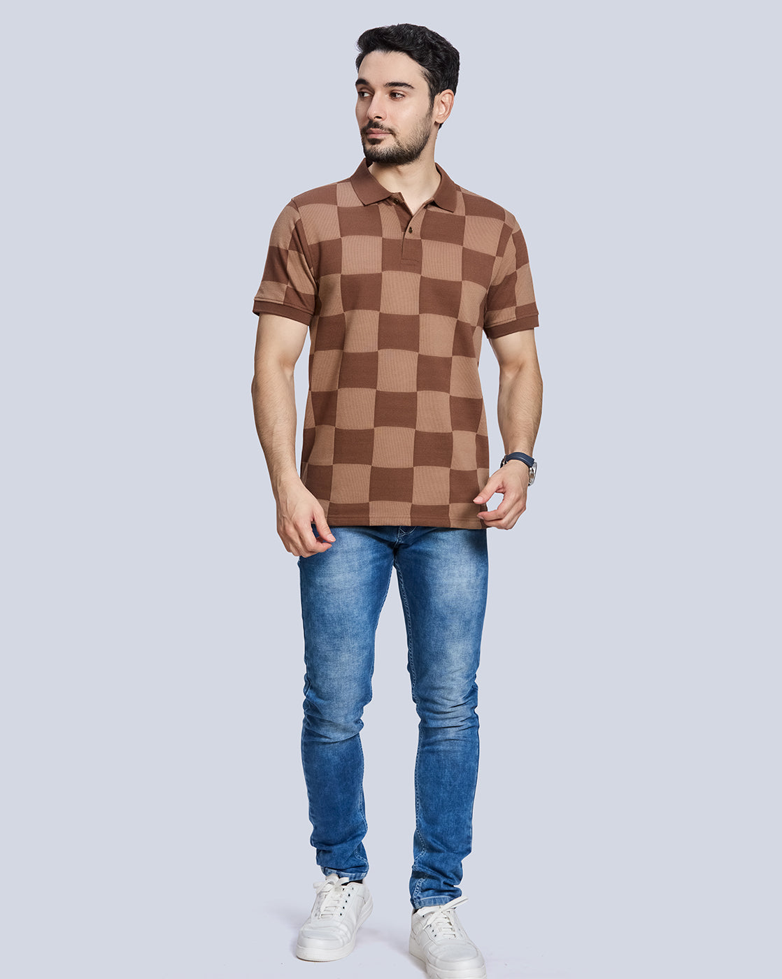 Brown Checked Polo Neck T-Shirt