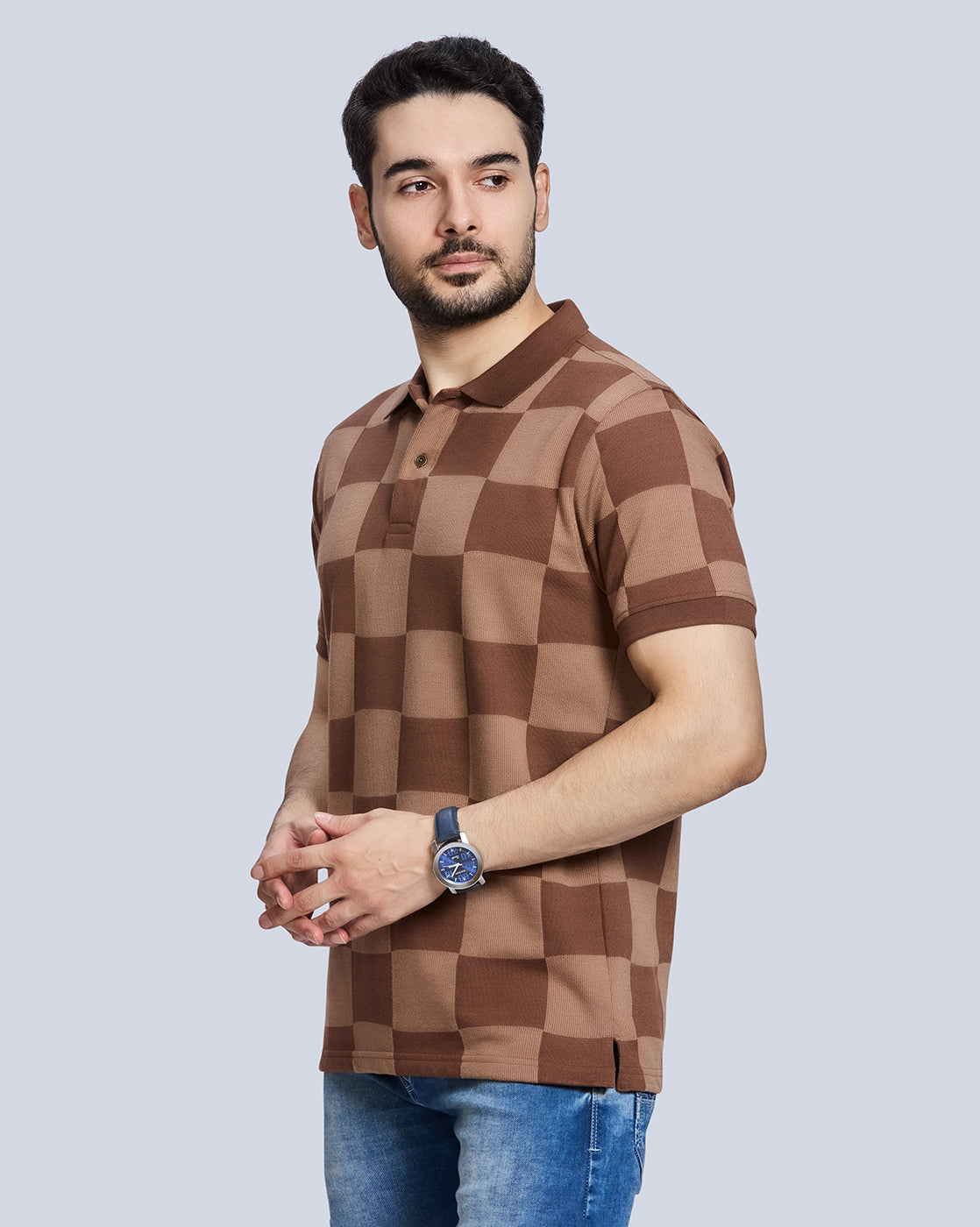 Brown Checked Polo Neck T-Shirt