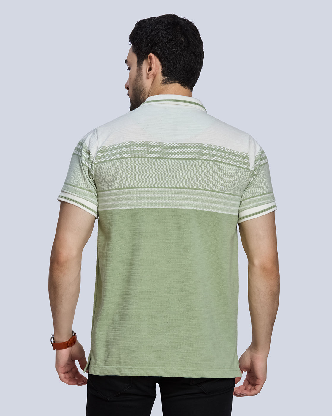 Light Green Striped Polo Neck T-Shirt