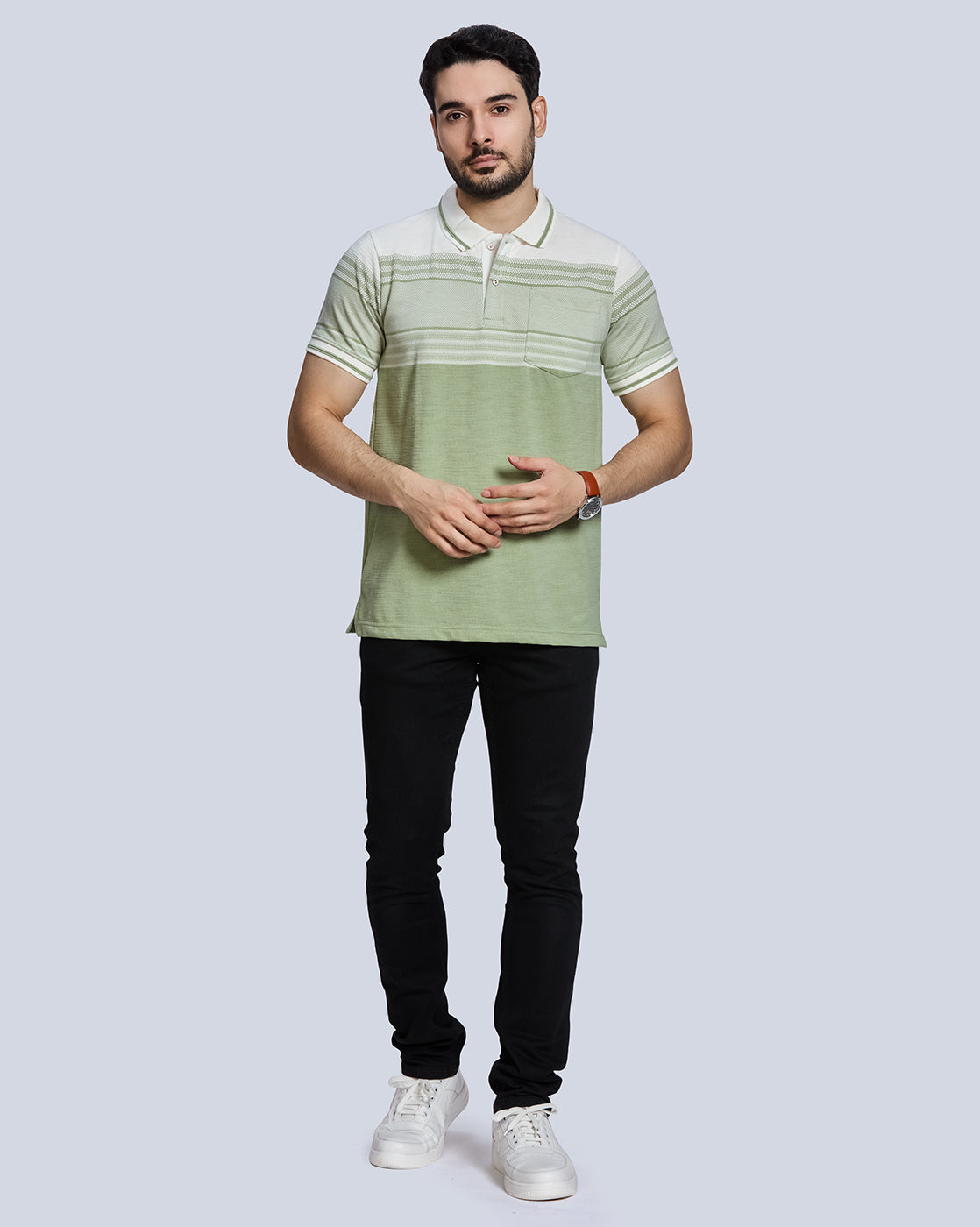 Light Green Striped Polo Neck T-Shirt