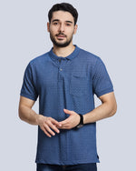 Blue Milange Checked Polo Neck T-Shirt