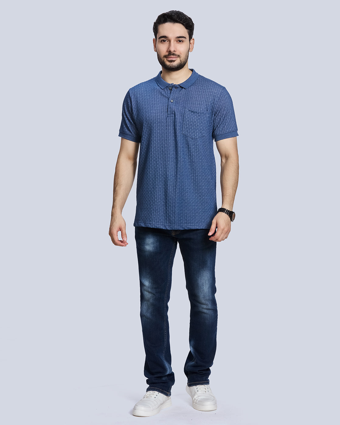 Blue Milange Checked Polo Neck T-Shirt