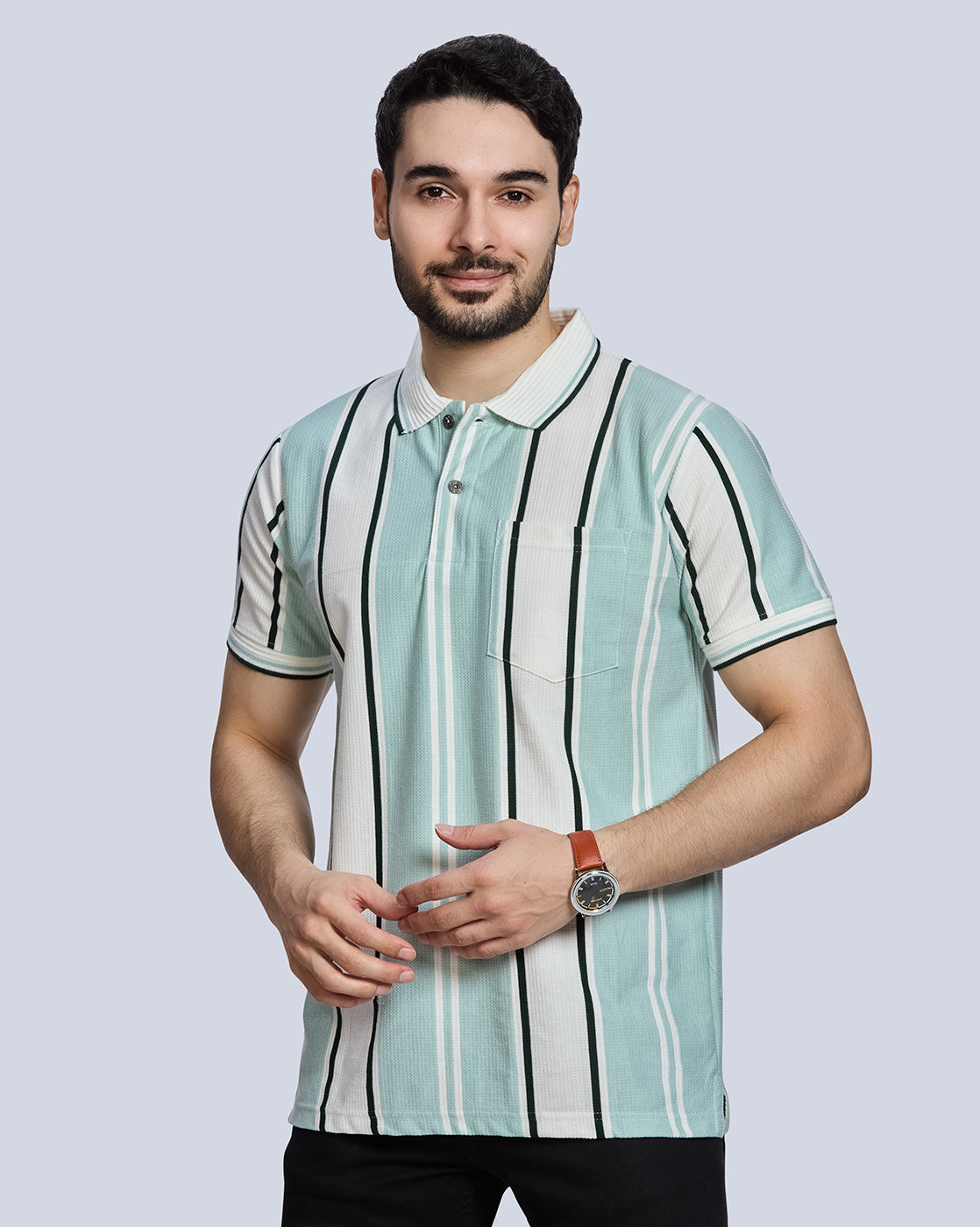 Light Aqua Striped Polo Neck T-Shirt