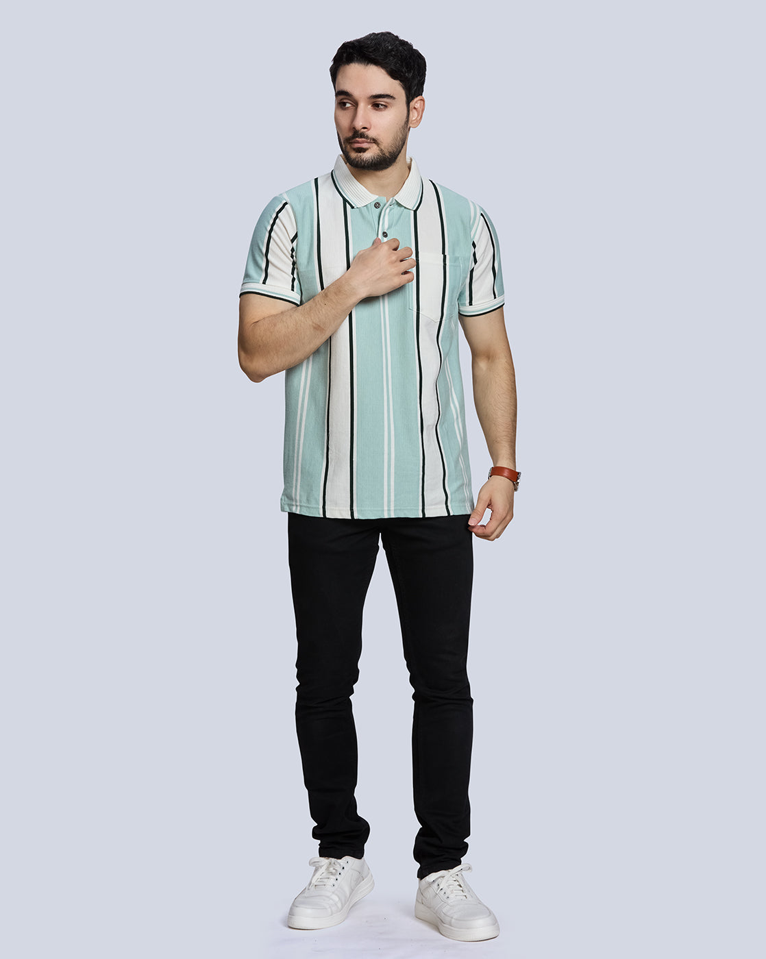 Light Aqua Striped Polo Neck T-Shirt