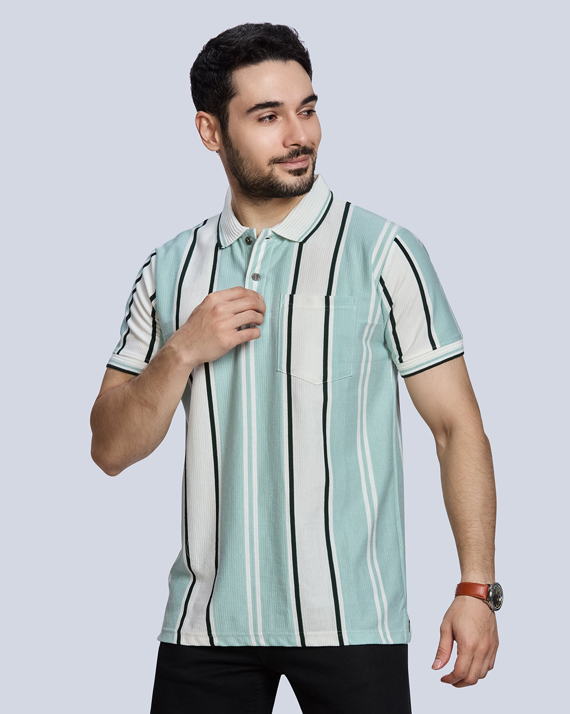 Light Aqua Striped Polo Neck T-Shirt