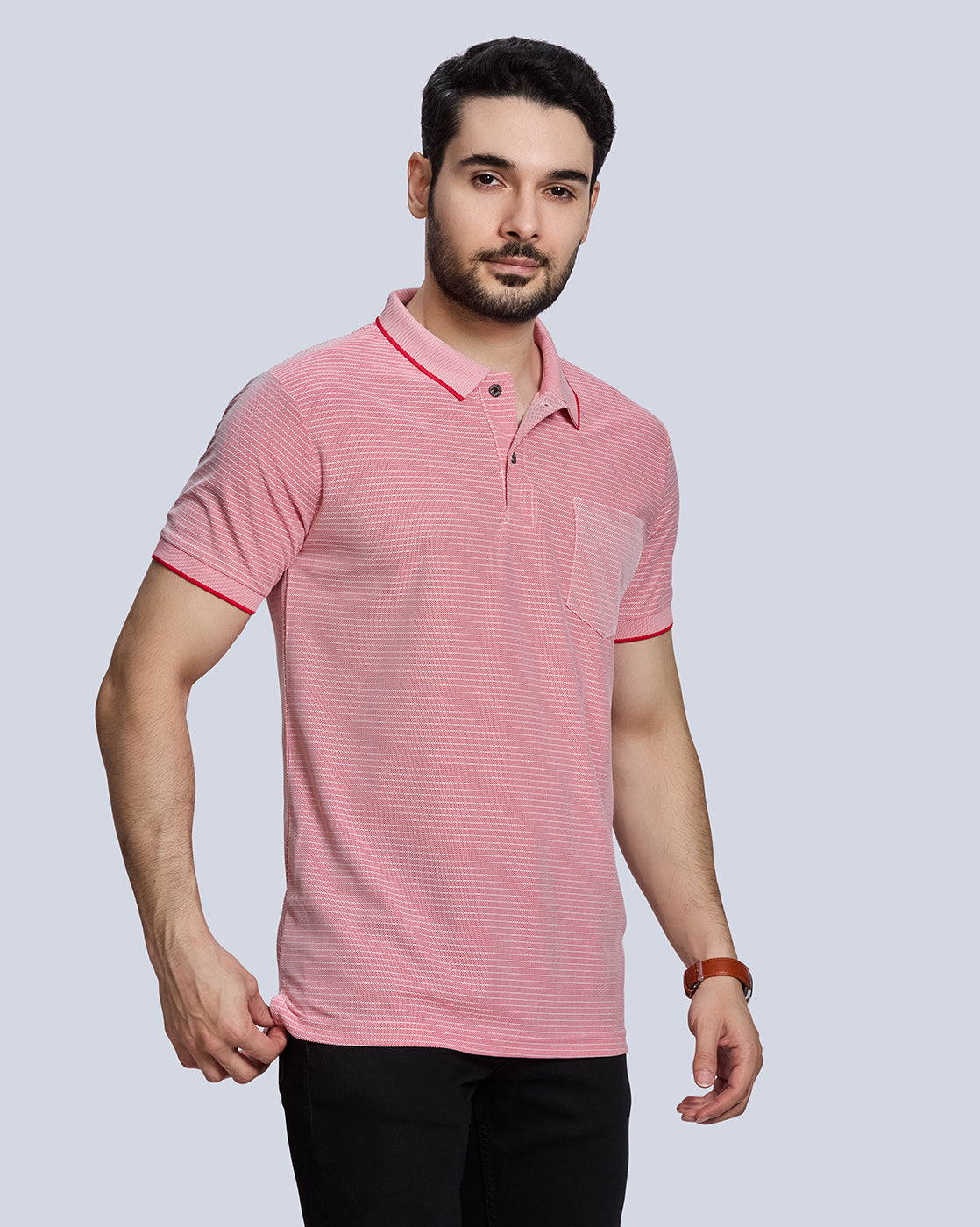 Red Striped Polo Neck T-Shirt