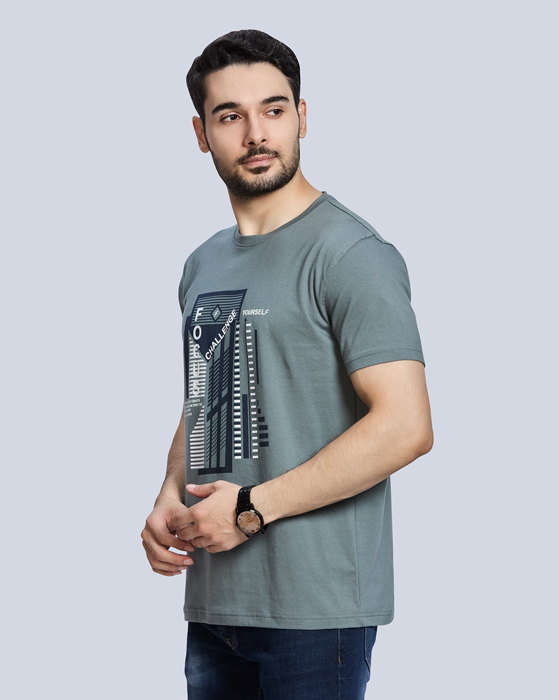 Grey Graphic Print Round Neck Cotton T-Shirt