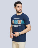 Navy Blue Graphic Print Round Neck Cotton T-Shirt