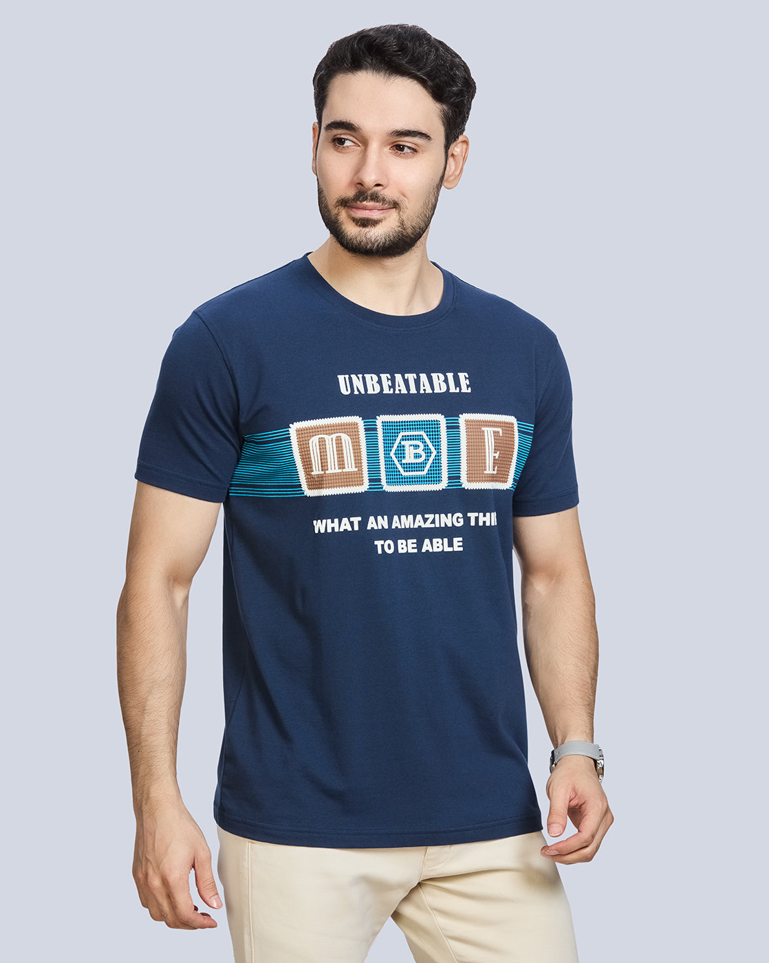 Navy Blue Graphic Print Round Neck Cotton T-Shirt