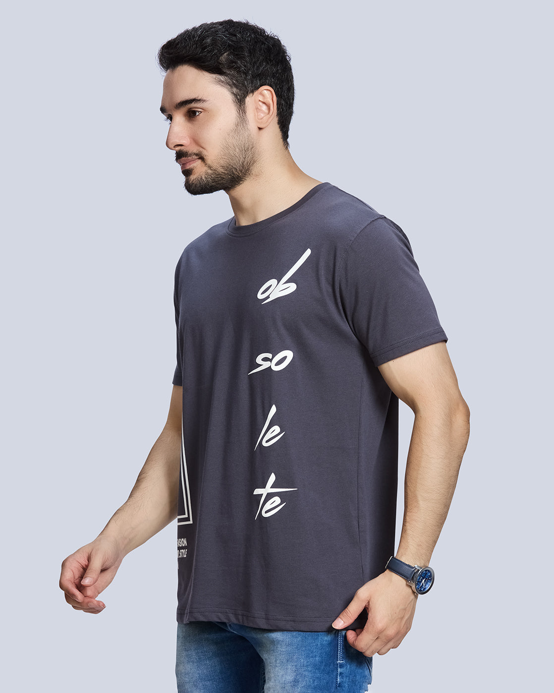 Grey Graphic Print Round Neck Cotton T-Shirt