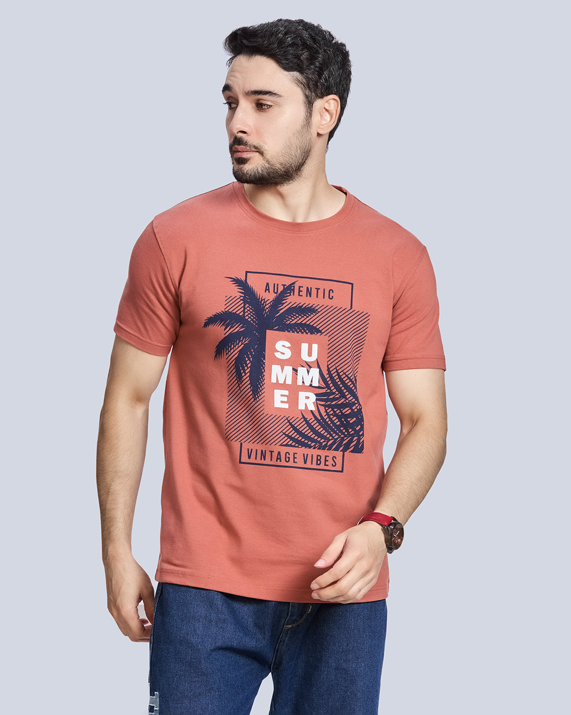 Rust Graphic Print Round Neck Cotton T-Shirt