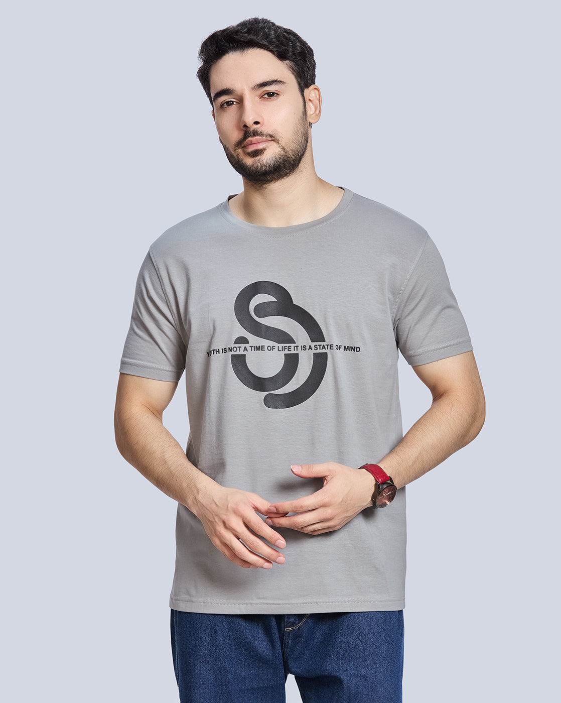 Steel Grey Graphic Print Round Neck Cotton T-Shirt