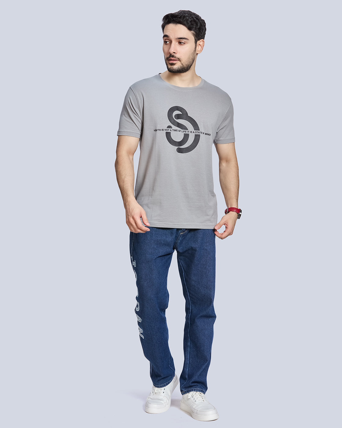 Steel Grey Graphic Print Round Neck Cotton T-Shirt