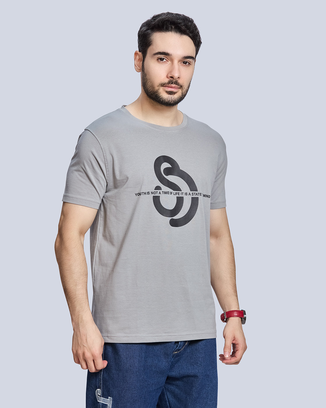 Steel Grey Graphic Print Round Neck Cotton T-Shirt