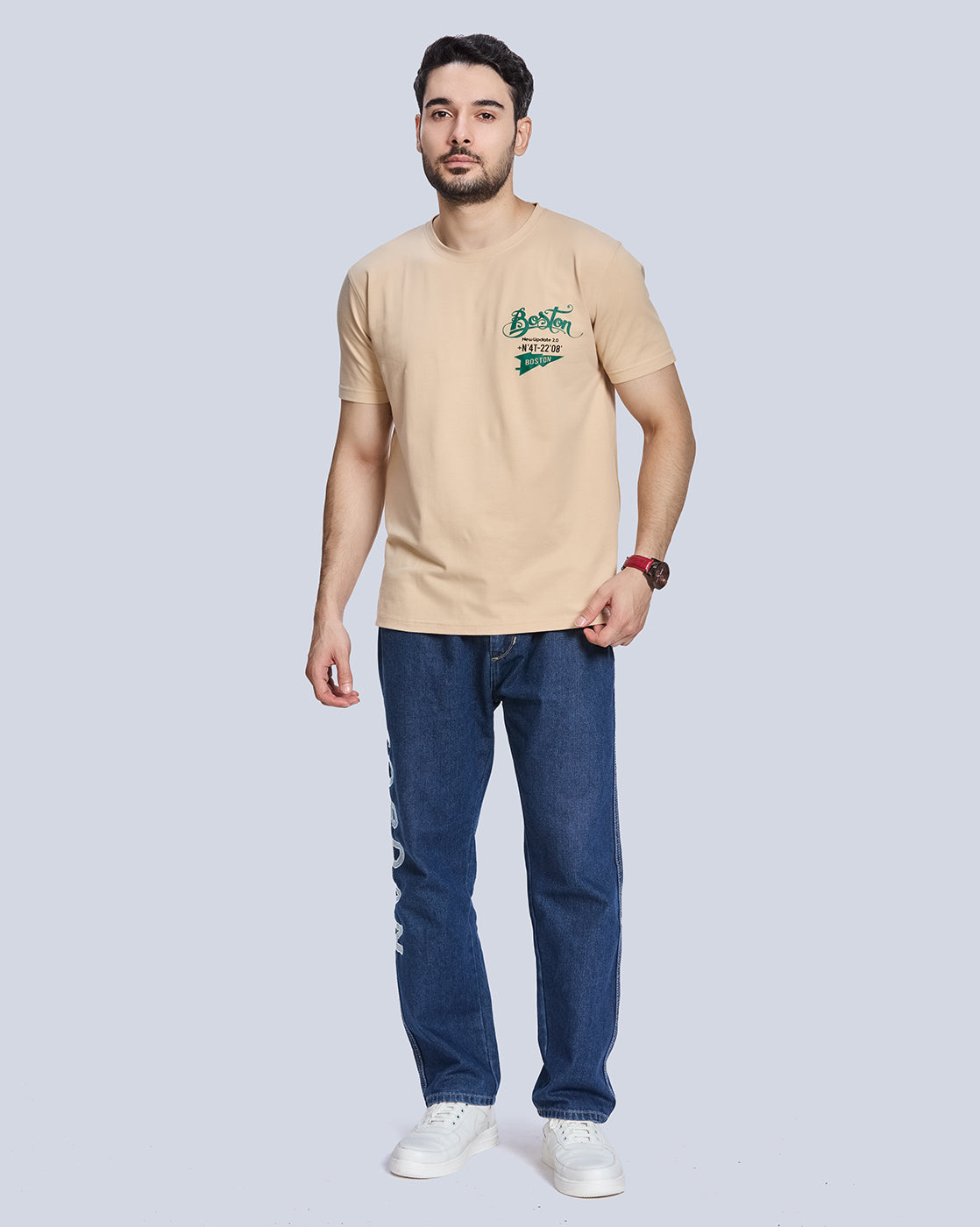 Skin Color Printed Round Neck Cotton T-Shirt