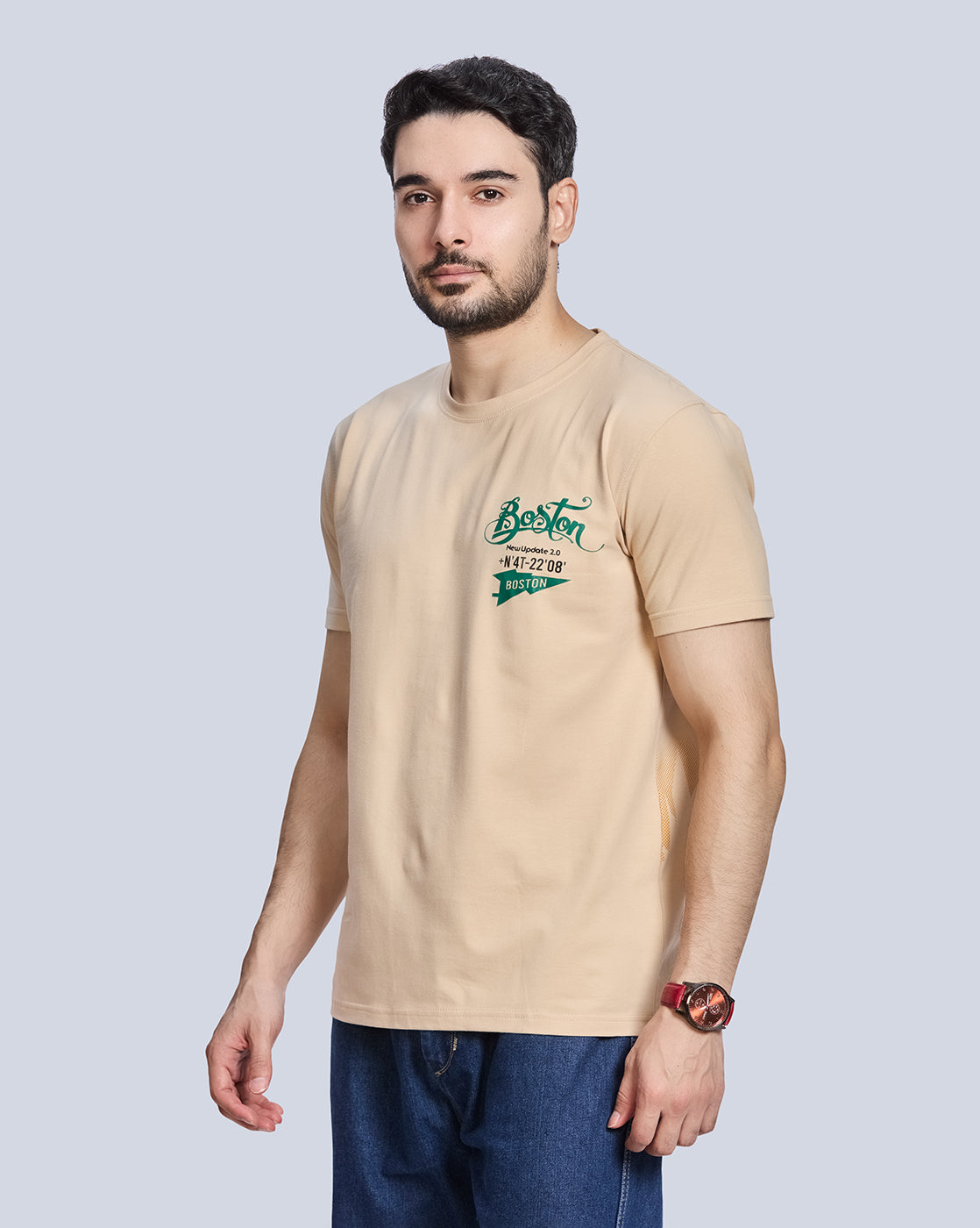 Skin Color Printed Round Neck Cotton T-Shirt