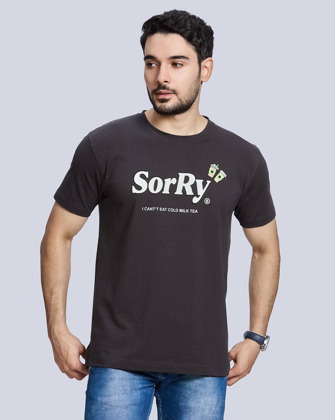 Dark Grey Printed Round Neck Cotton T-Shirt