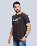 Dark Grey Printed Round Neck Cotton T-Shirt