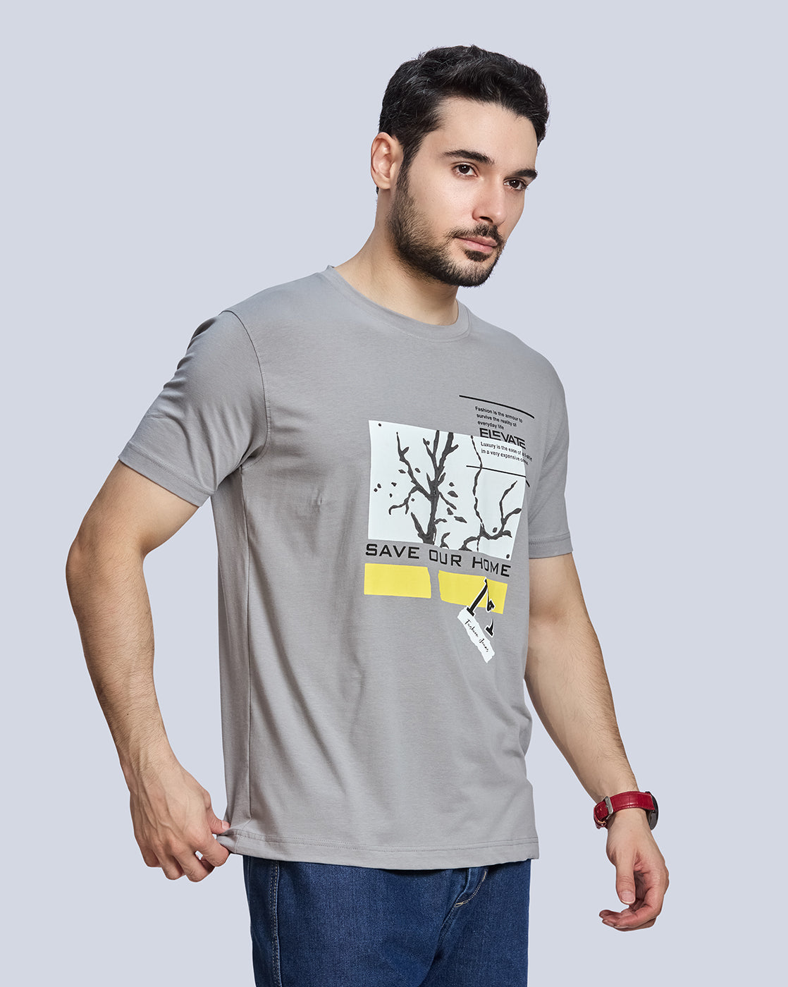 Steel Grey Graphic Print Round Neck Cotton T-Shirt