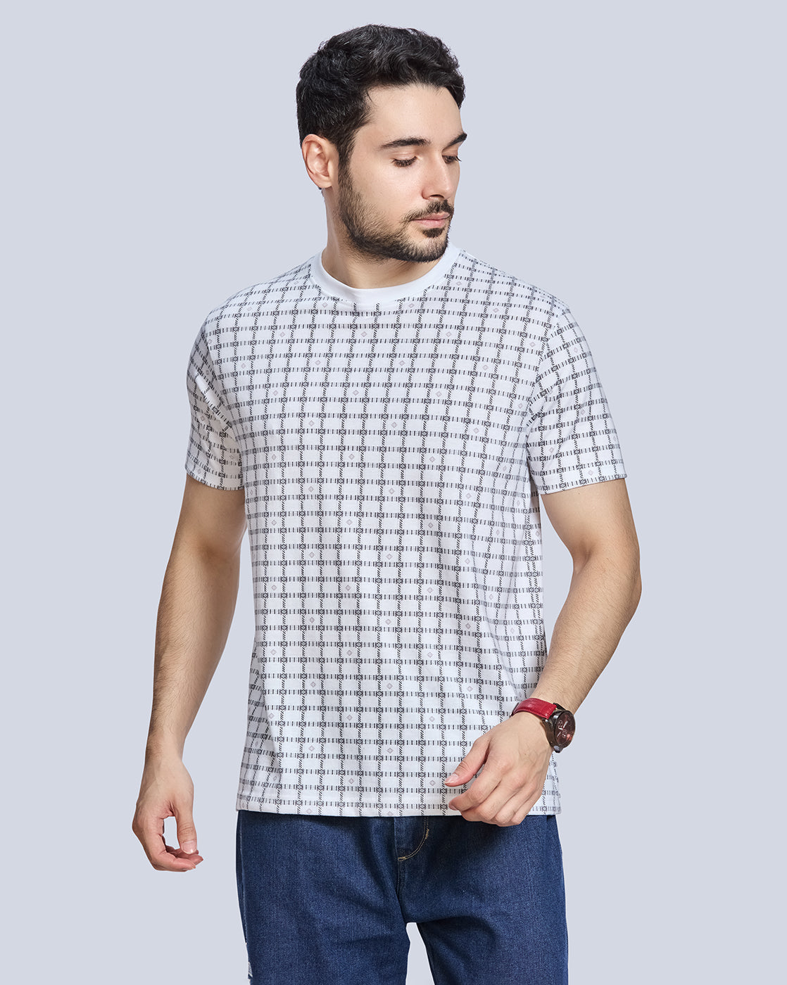 White All Over Printed Round Neck T-Shirt