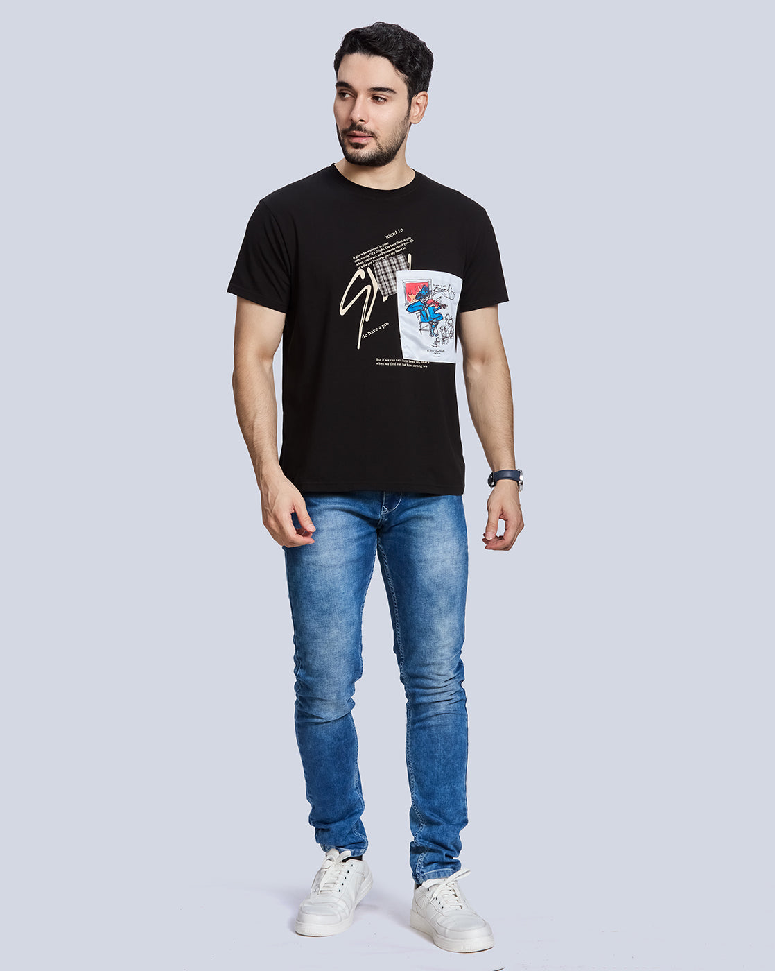 Black Printed Round Neck Cotton T-Shirt