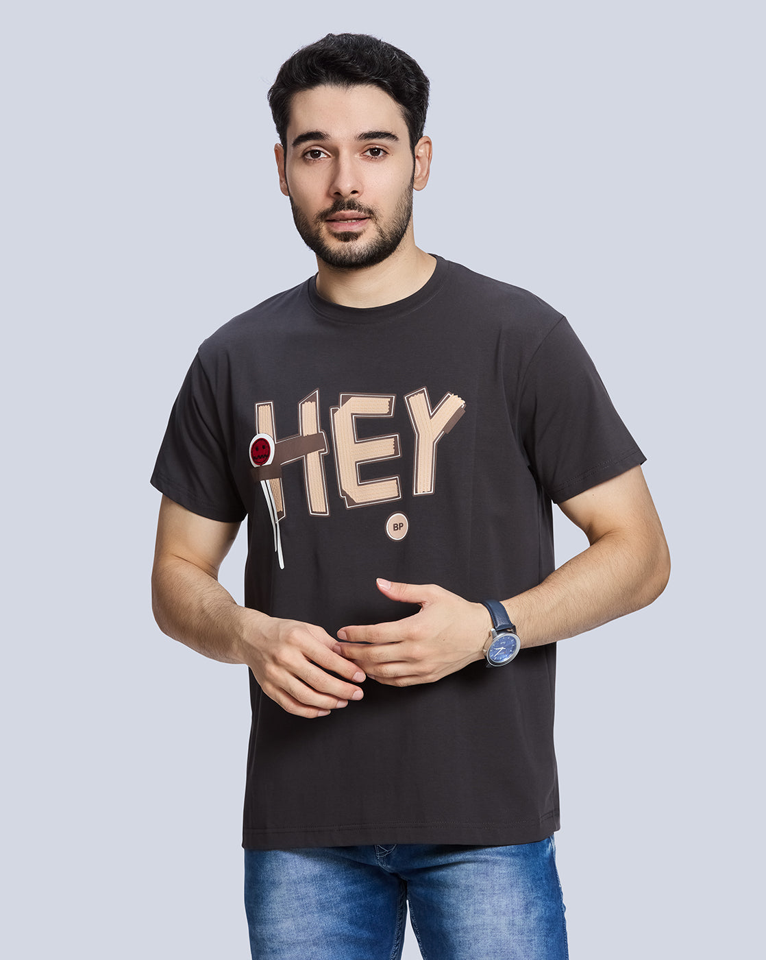 Dark Grey Printed Round Neck Cotton T-Shirt