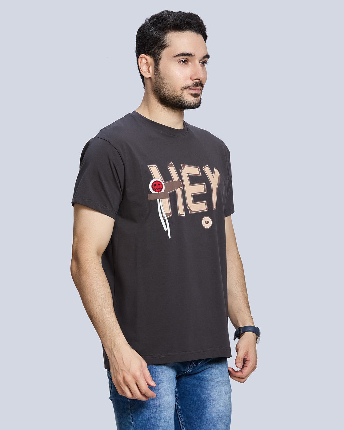 Dark Grey Printed Round Neck Cotton T-Shirt