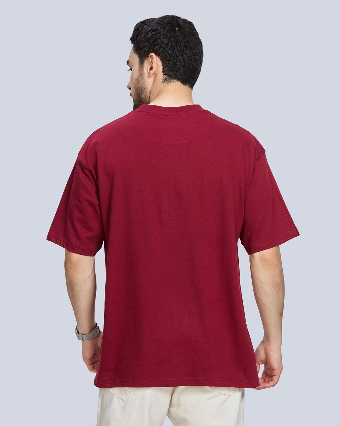 Maroon Round Neck Drop Shoulder Cotton T-Shirt