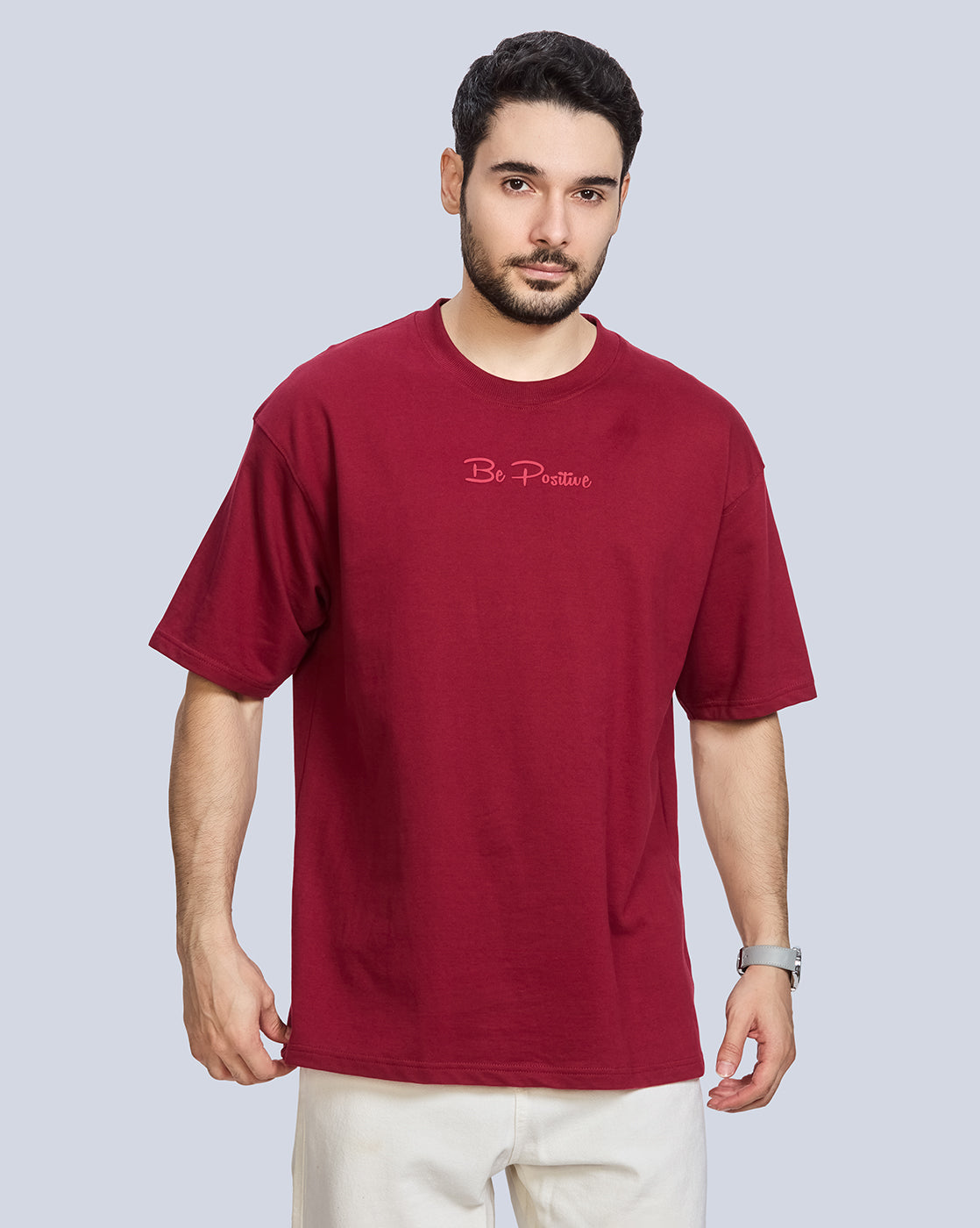 Maroon Round Neck Drop Shoulder Cotton T-Shirt