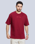 Maroon Round Neck Drop Shoulder Cotton T-Shirt
