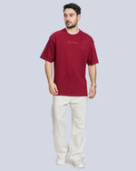 Maroon Round Neck Drop Shoulder Cotton T-Shirt