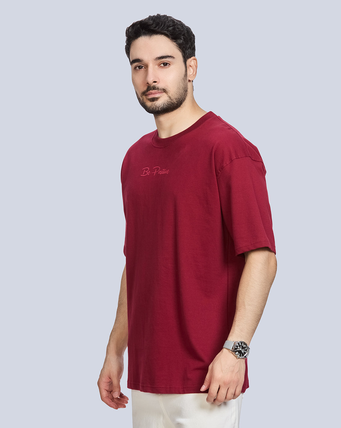 Maroon Round Neck Drop Shoulder Cotton T-Shirt