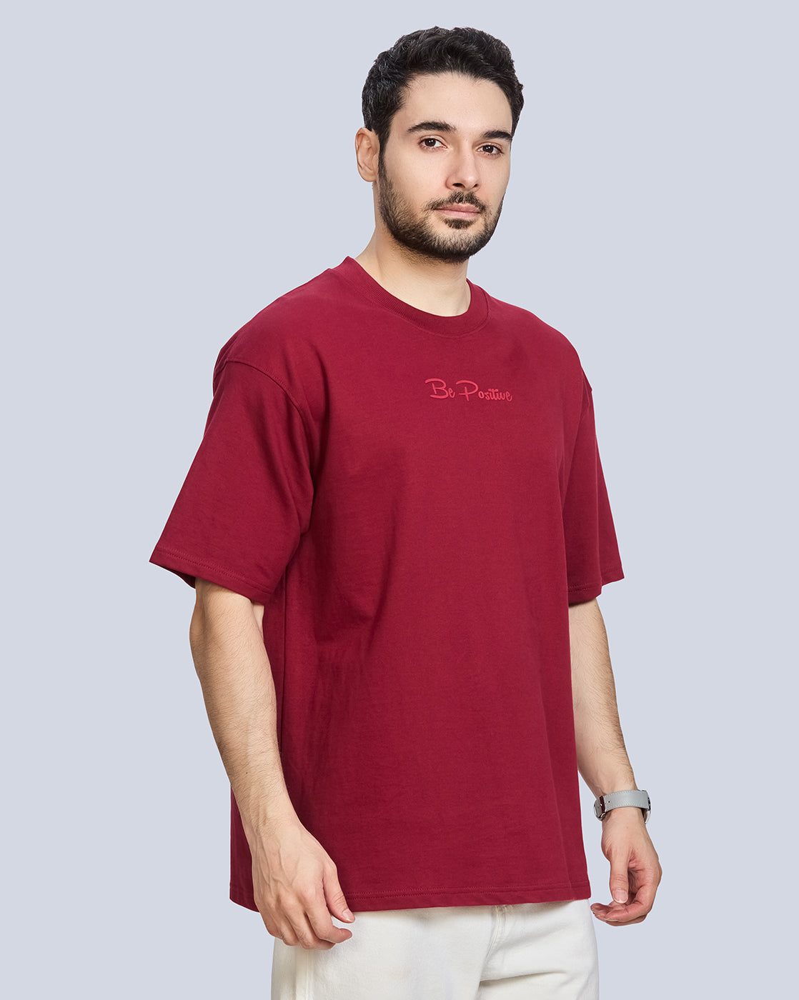 Maroon Round Neck Drop Shoulder Cotton T-Shirt
