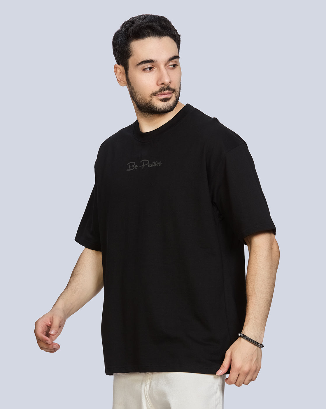 Black Round Neck Drop Shoulder Cotton T-Shirt