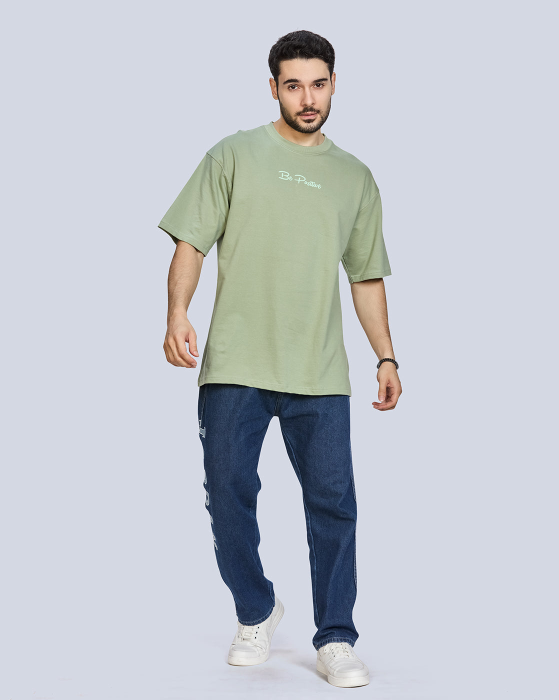 Mint Green Round Neck Drop Shoulder Cotton T-Shirt