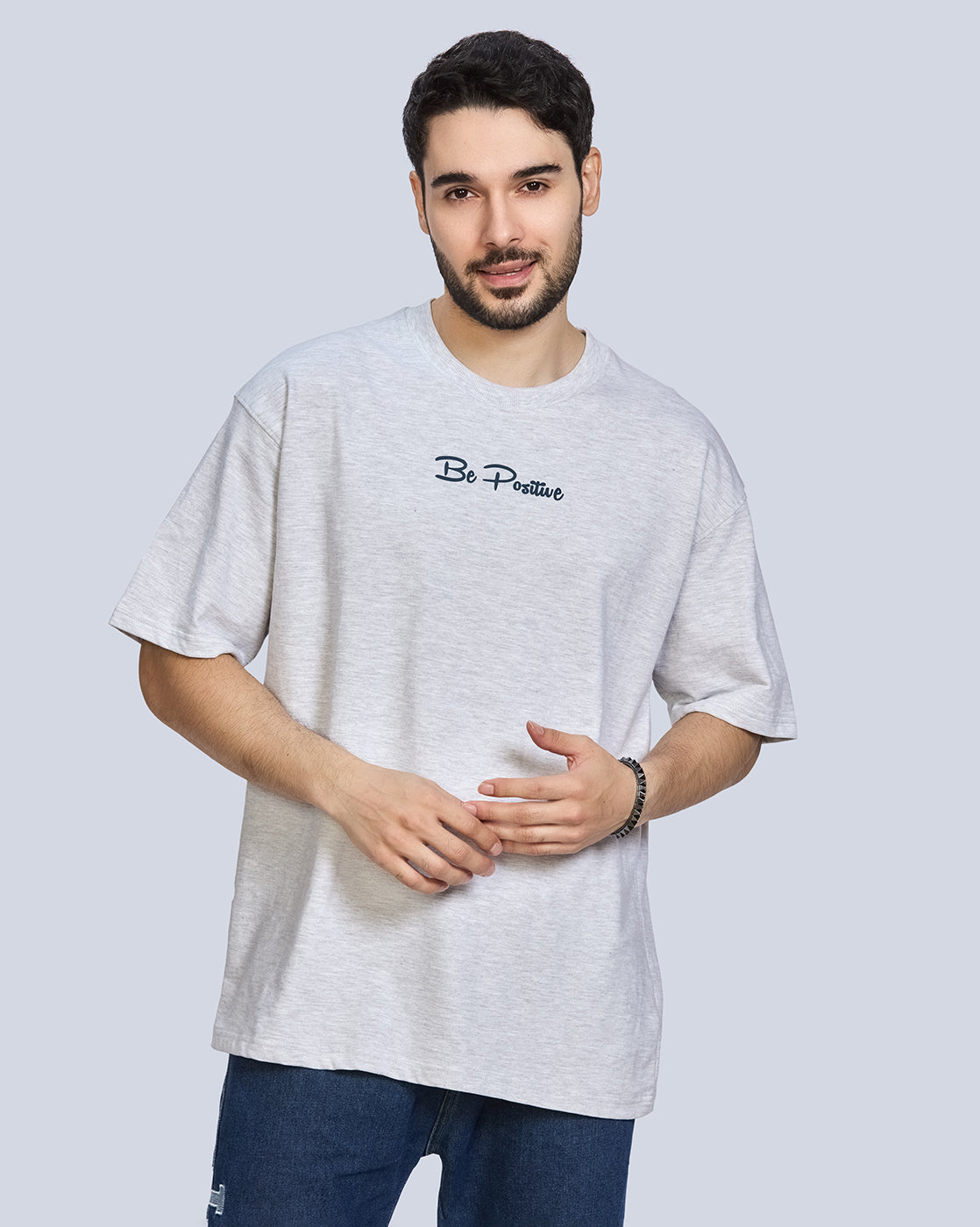 Grey Milange Round Neck Drop Shoulder Cotton T-Shirt