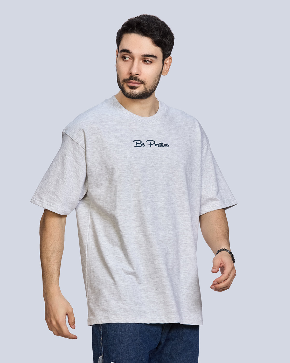 Grey Milange Round Neck Drop Shoulder Cotton T-Shirt