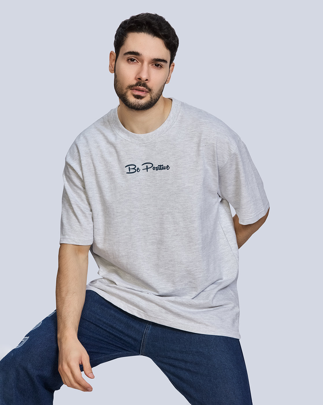 Grey Milange Round Neck Drop Shoulder Cotton T-Shirt